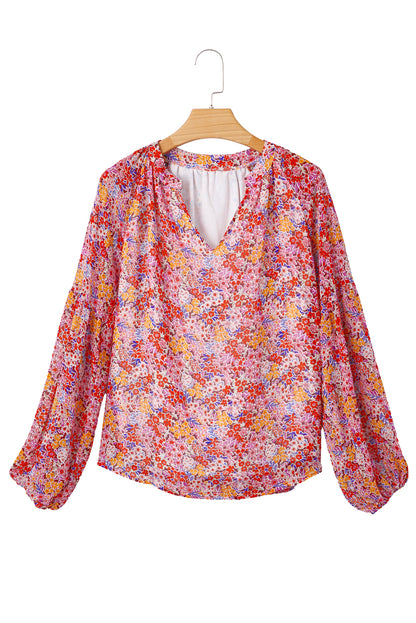 Red Boho Floral Print V Neck Long Sleeve Blouse