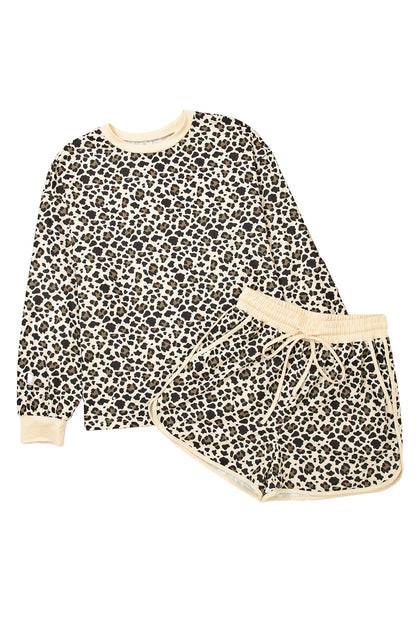 Brown Leopard Print Contrast Trim Two Piece Shorts Set