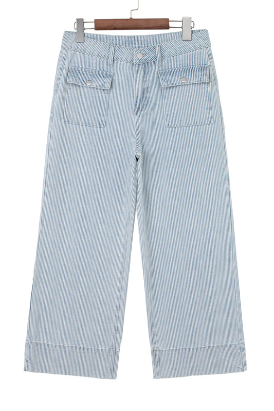 Sky Blue Striped Button Flap Pocket Cuffed Hem Wide Leg Jeans