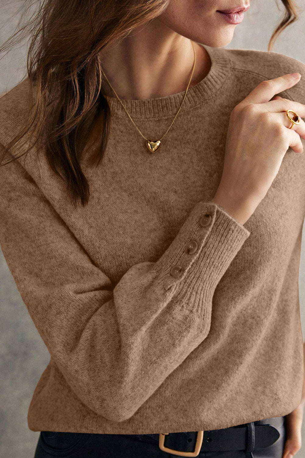 Camel Buttoned Cuffs Raglan Sleeve Knit Sweater