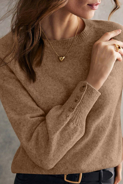 Camel Buttoned Cuffs Raglan Sleeve Knit Sweater