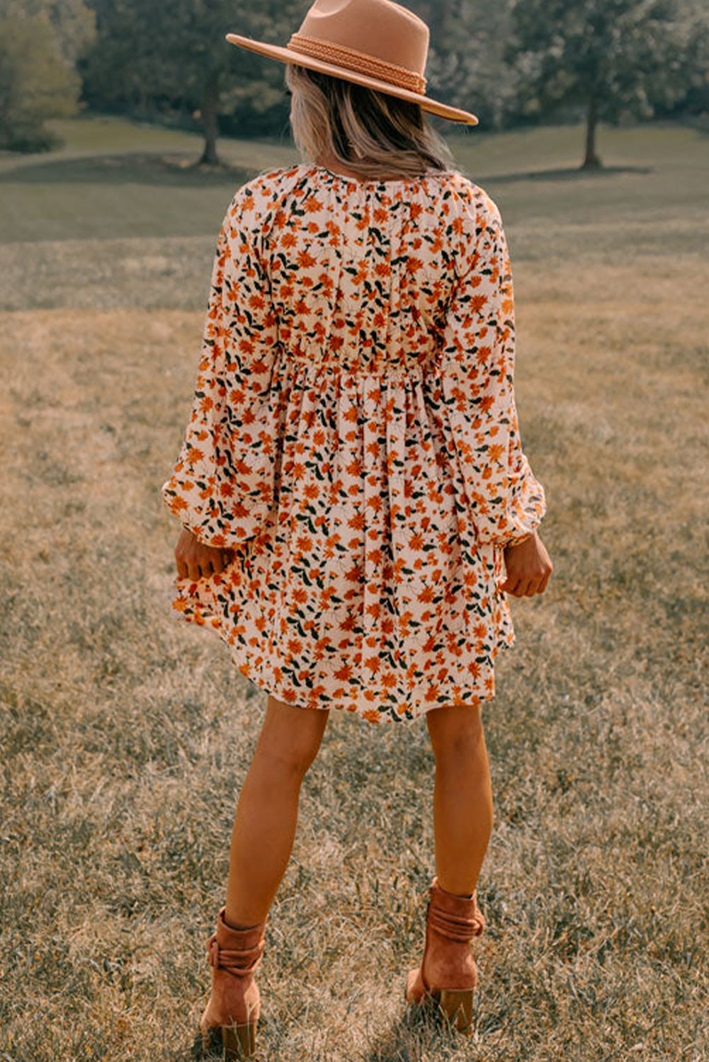 Black Floral Smocked V Neck Bubble Sleeve Babydoll Dress
