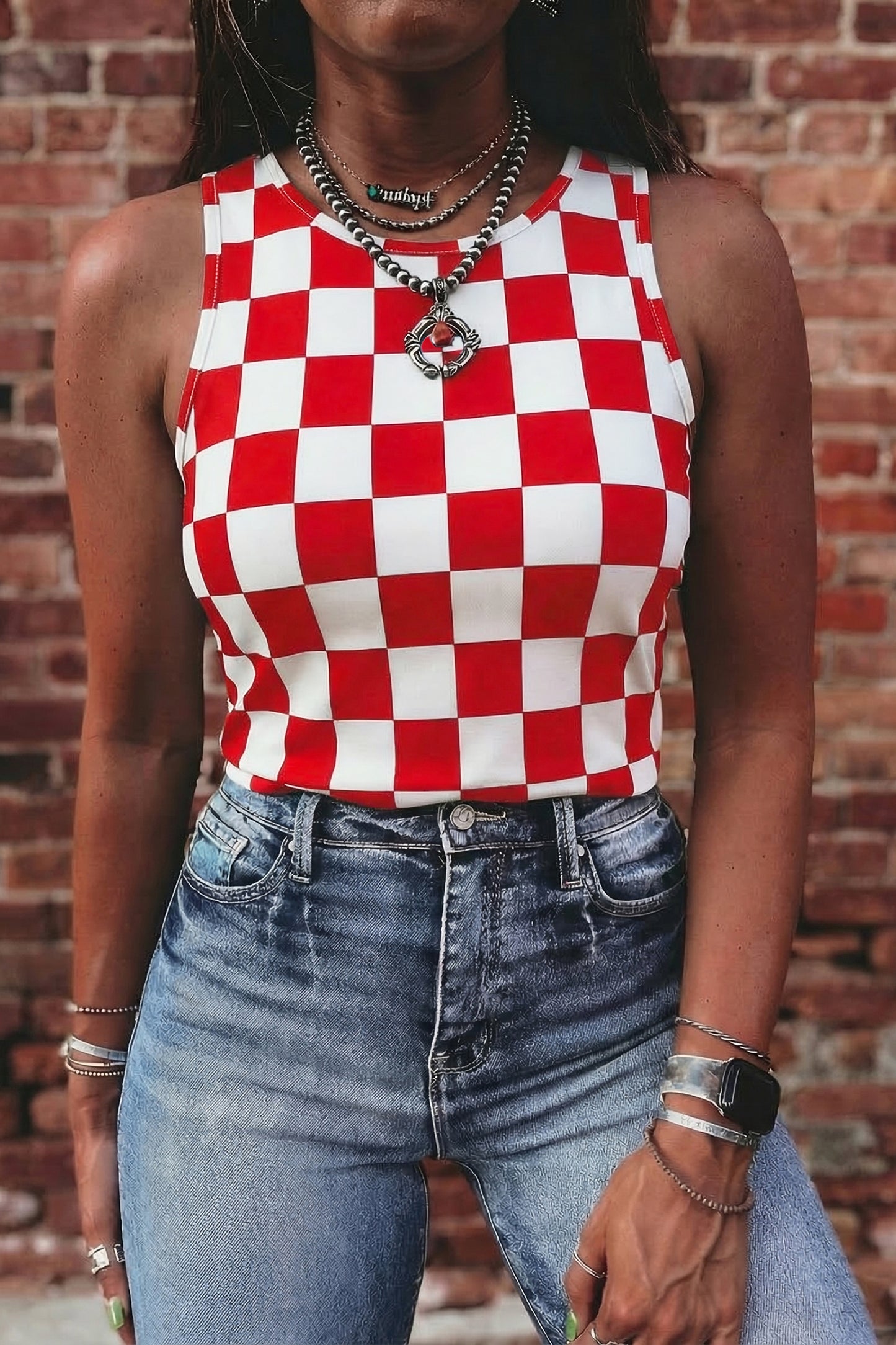 Black Checkerboard Printed Slim Tank Top