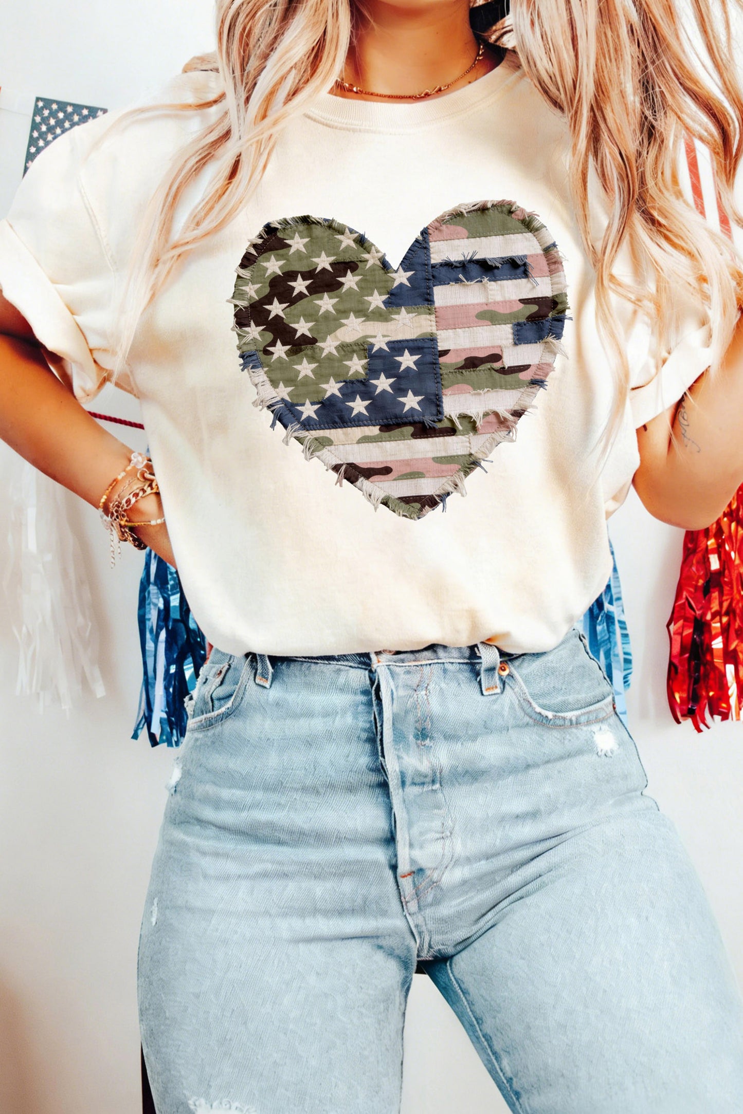 White Patriotic Heart Graphic Tee with USA Flag and Camo Print