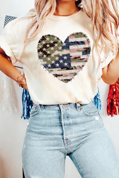 White Patriotic Heart Graphic Tee with USA Flag and Camo Print