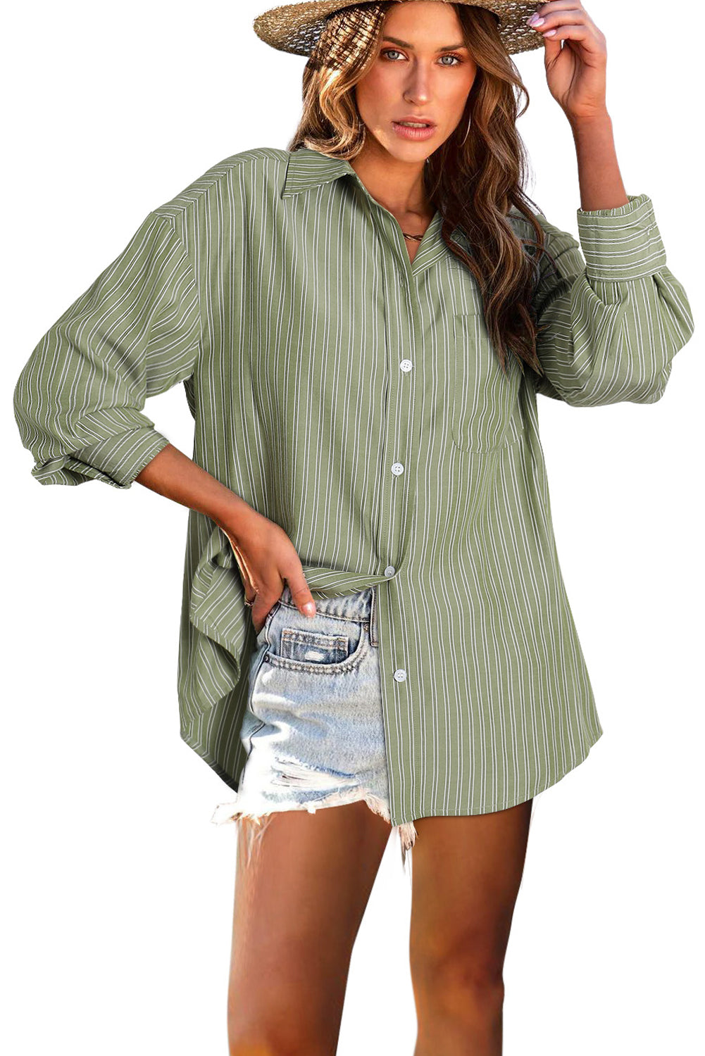 Blue Stripe Button Up Oversized Casual Shirt Shacket