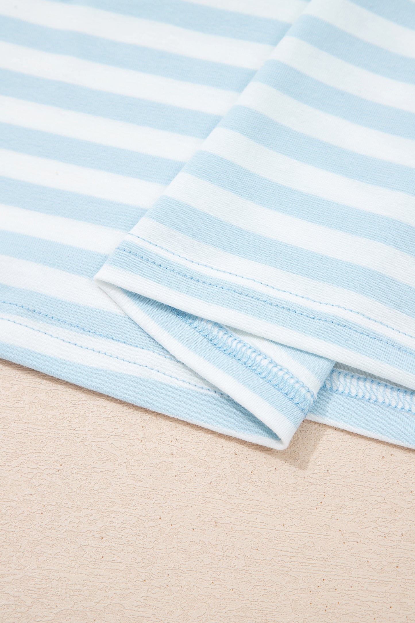Sky Blue Stripe Contrast Neck Loose Tee and Drawstring Shorts Set