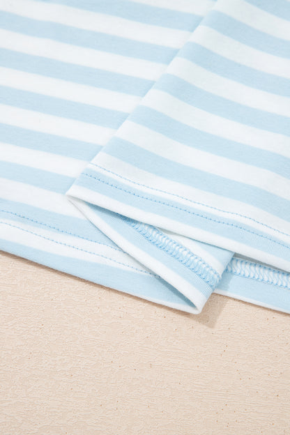 Sky Blue Stripe Contrast Neck Loose Tee and Drawstring Shorts Set