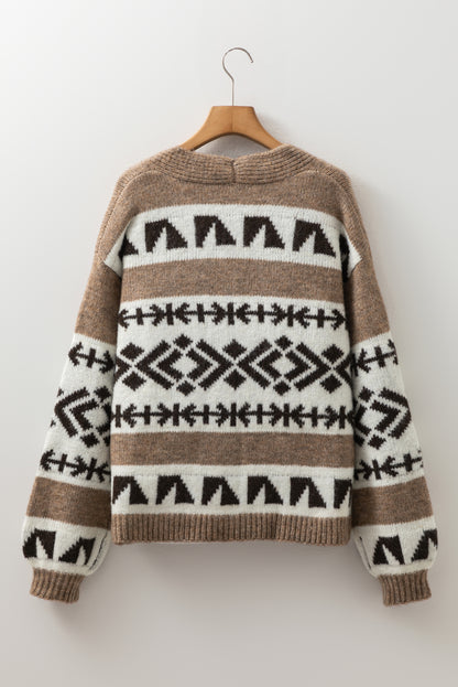Dark Khaki Ethnic Geometric Pattern Button Front V Neck Cardigan
