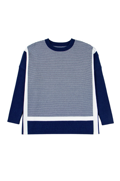 Red Stripe Colorblock Patchwork Dolman Oversize Tunic Sweater