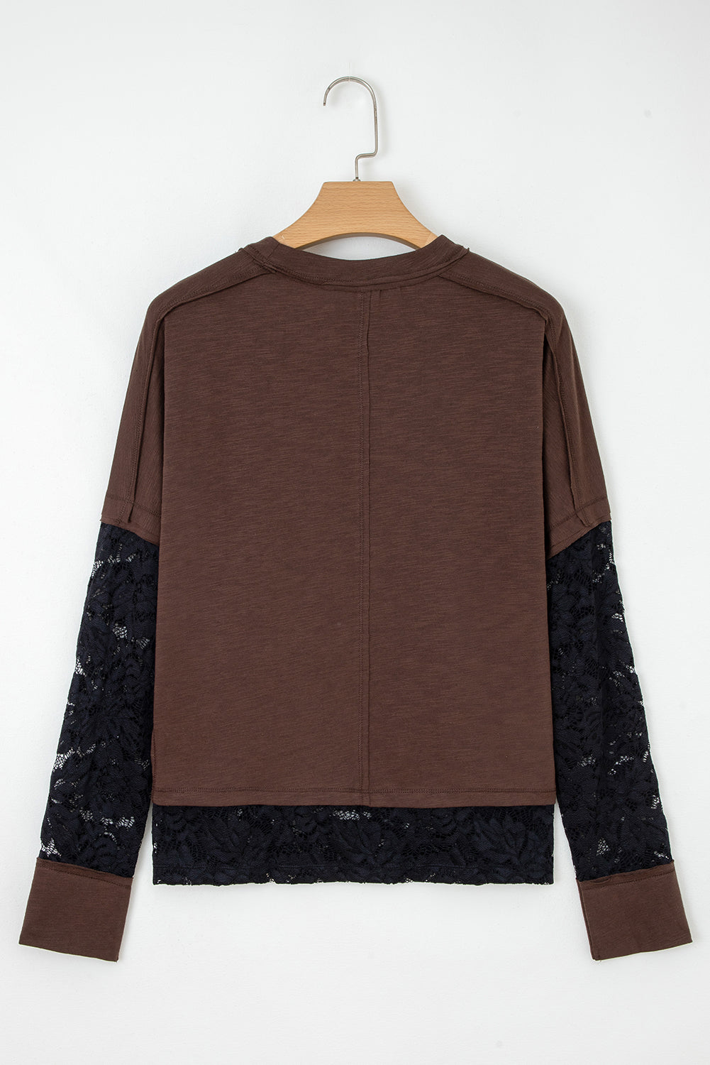 Light French Beige Sheer Lace Patchwork Casual Long Sleeve Tee