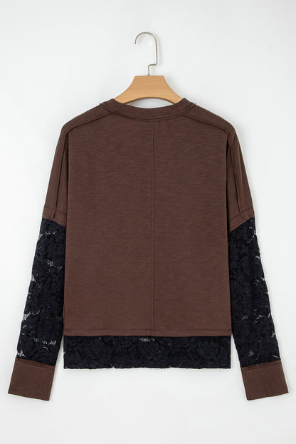 Light French Beige Sheer Lace Patchwork Casual Long Sleeve Tee