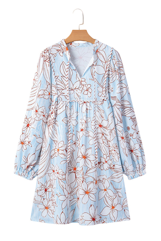 Brown Floral Print Tie Neck Long Sleeve Mini Dress