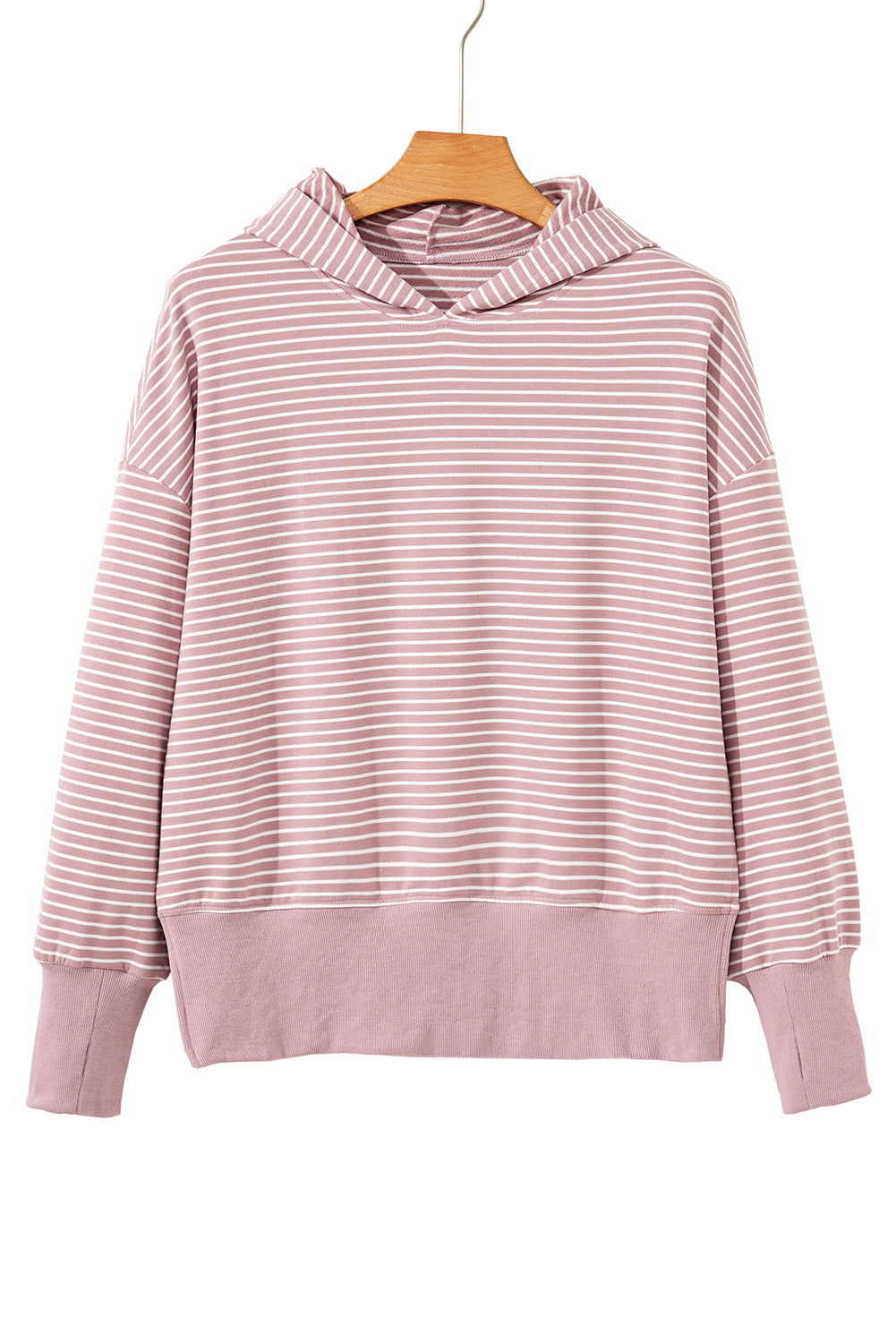 Rose Stripe Thumbhole Side Slits Drop Shoulder Loose Fit Hoodie