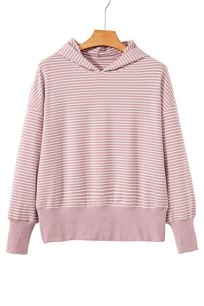 Rose Stripe Thumbhole Side Slits Drop Shoulder Loose Fit Hoodie