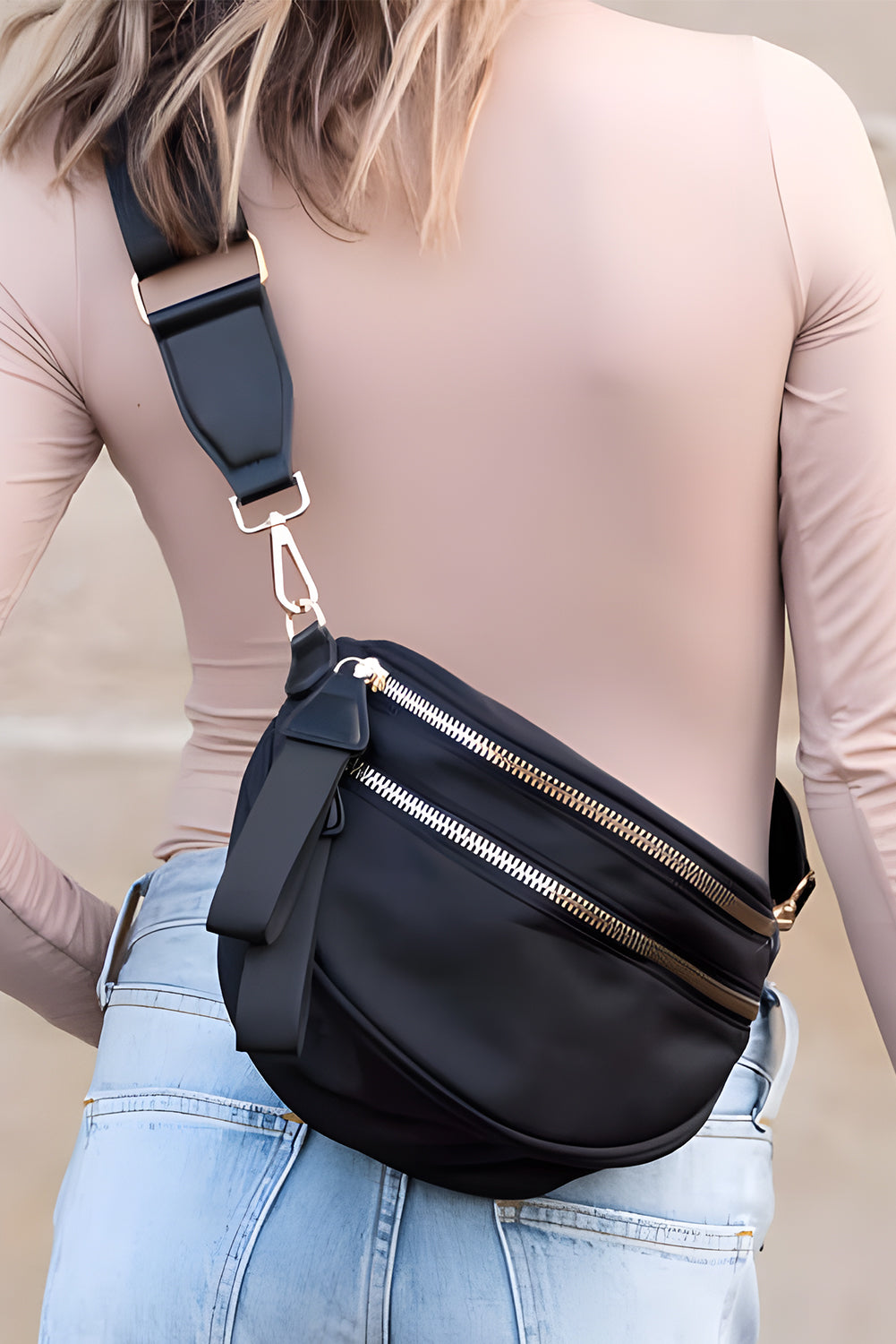 Bright Pink Strap Double Zipper Crossbody Bag