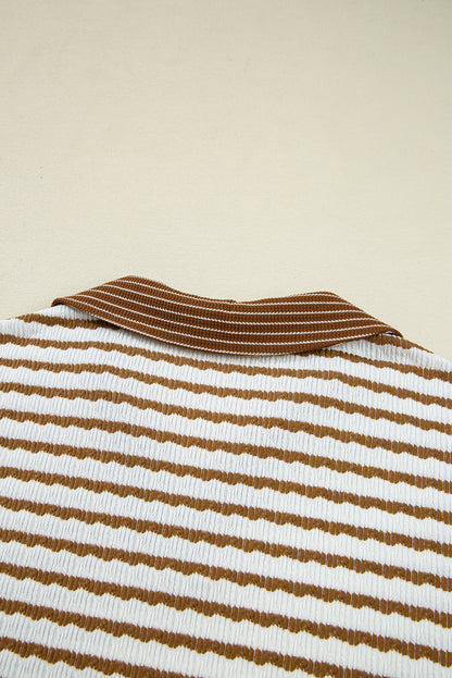 White Stripe Textured Collared Pullover Top and Drawstring Pants Set