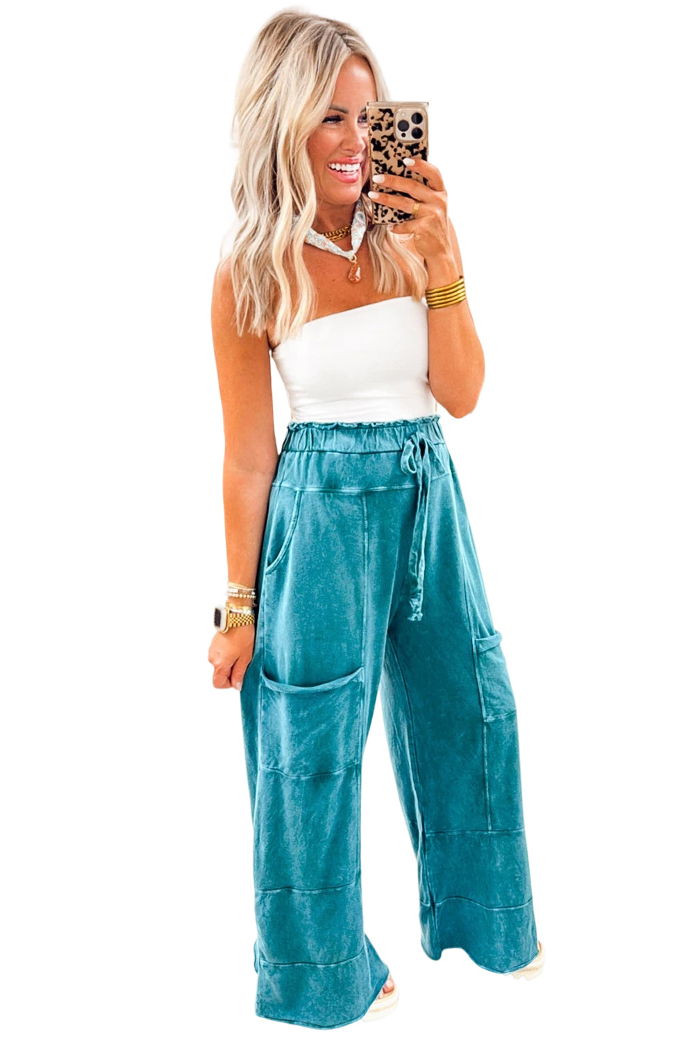 Medium Grey Mineral Wash Knot High Waist Raw Hem Pants