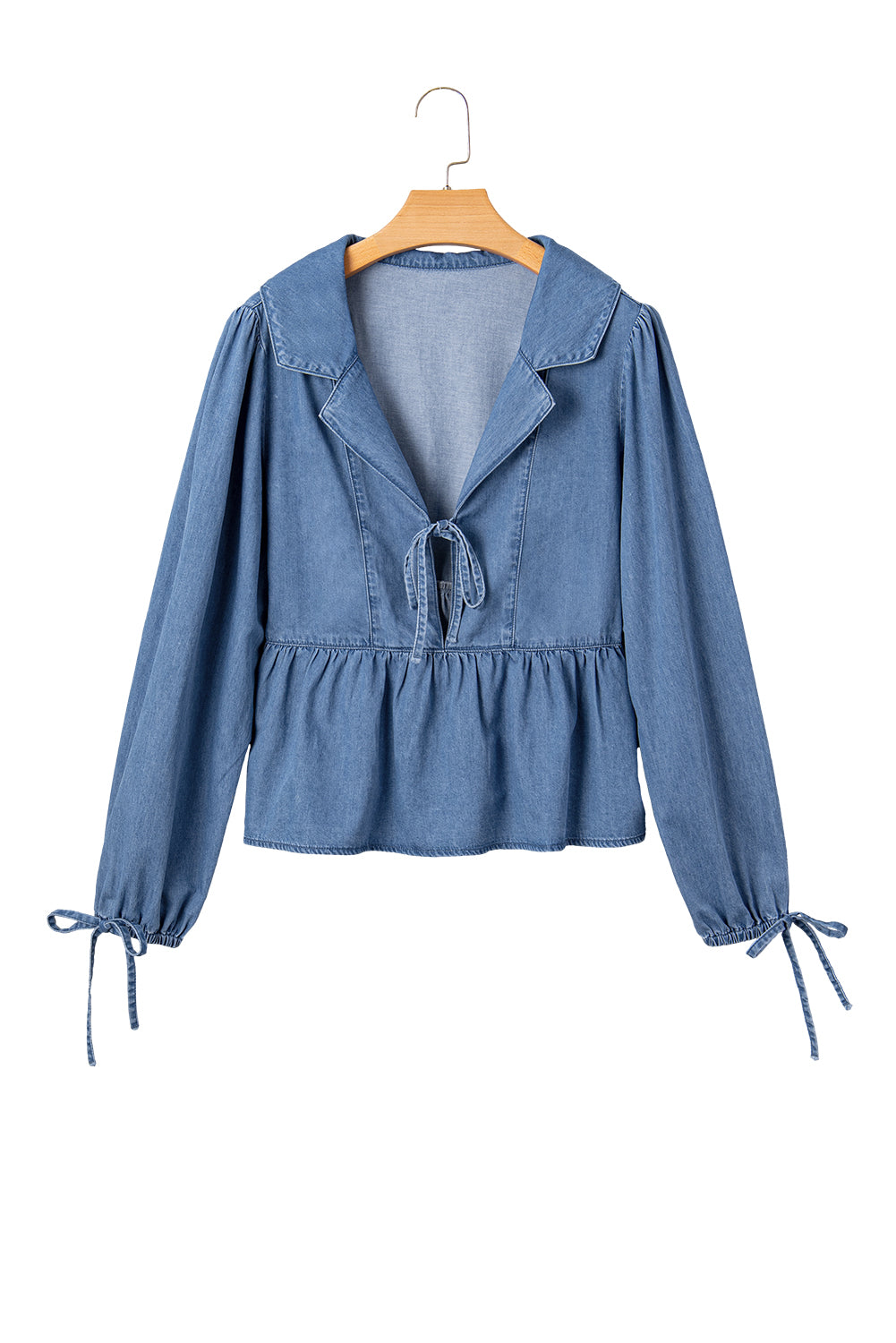 Dusk Blue Denim Lapel Neck Balloon Sleeve Tied Peplum Top