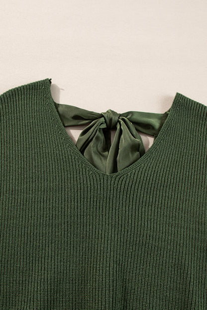 Racing Red Lantern Sleeve V Neck Knot Back Sweater