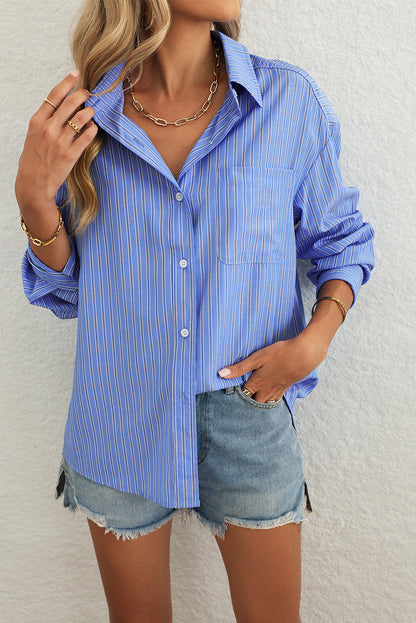 Blue Stripe Button Up Oversized Casual Shirt Shacket