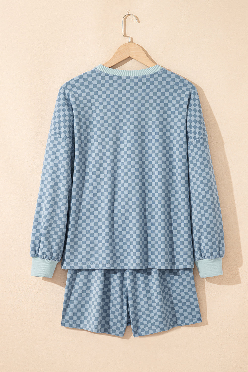 Brown Checkerboard Contrast Trim Long Sleeve Pullover and Shorts Set