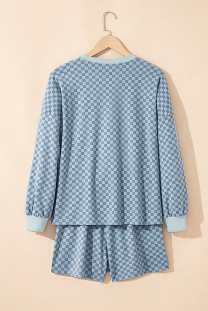 Brown Checkerboard Contrast Trim Long Sleeve Pullover and Shorts Set