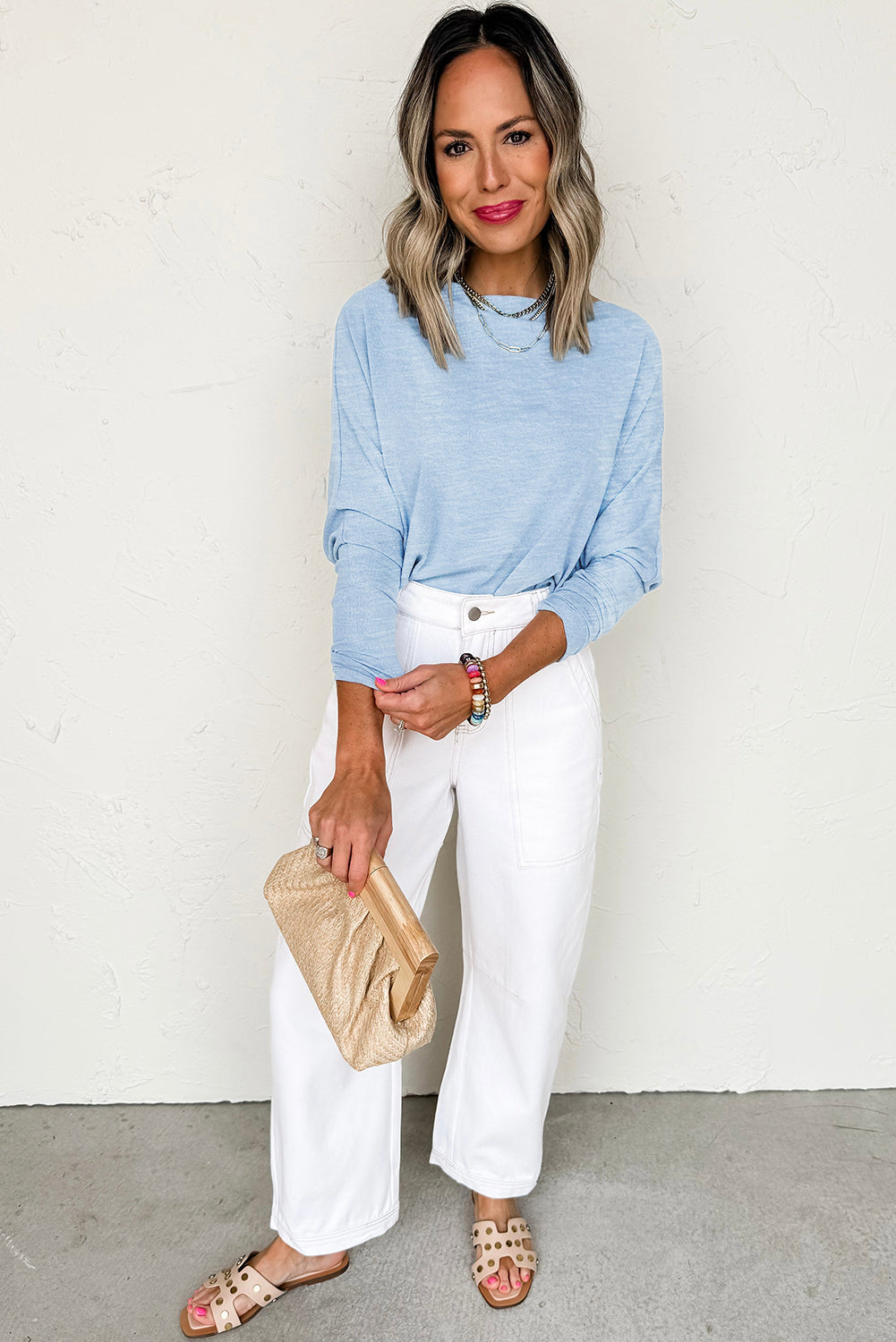Beau Blue Solid Color Boat Neck Batwing Long Sleeve Top