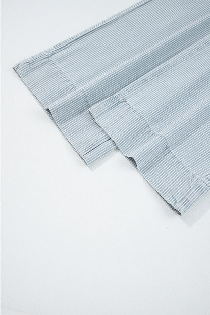 Sky Blue Striped Button Flap Pocket Cuffed Hem Wide Leg Jeans