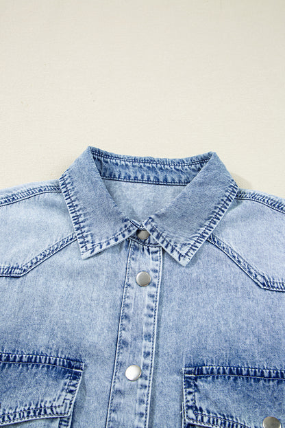 Beau Blue Chest Pocket Raw Hem Denim Loose Shirt Dress