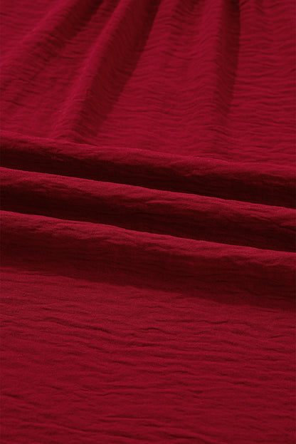 Burgundy Notched Neck Shirred Cuffs Long Sleeve Blouse
