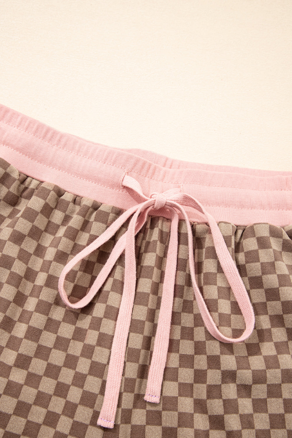 Brown Checkerboard Contrast Trim Long Sleeve Pullover and Shorts Set