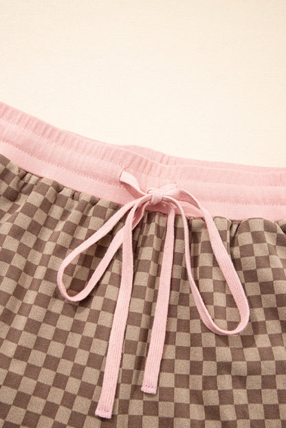Brown Checkerboard Contrast Trim Long Sleeve Pullover and Shorts Set