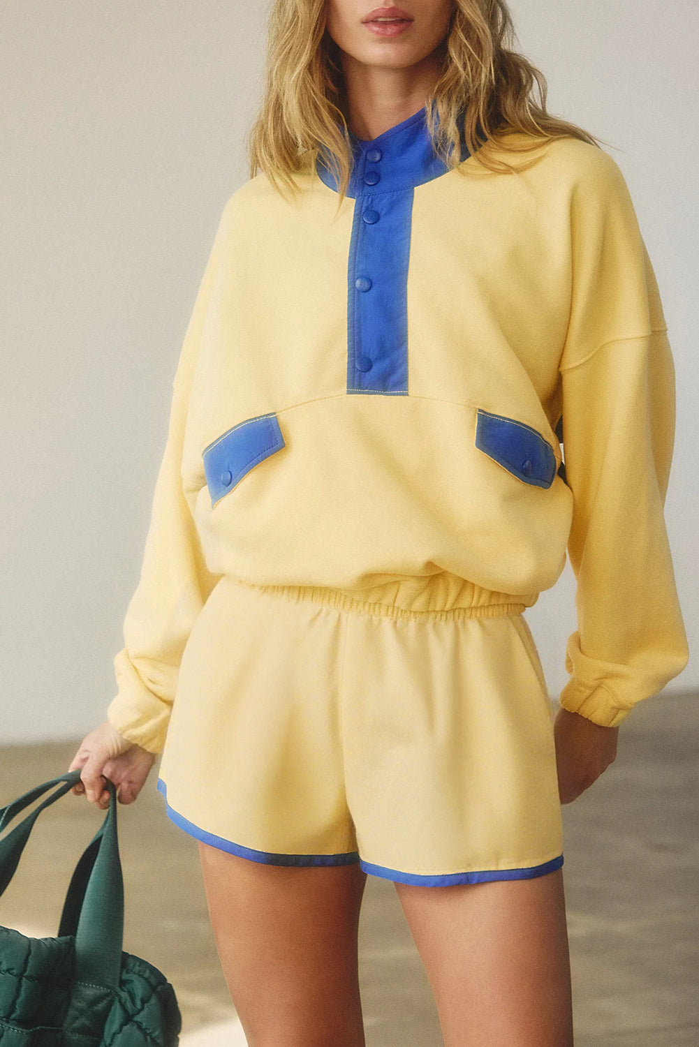 Black Colorblock Patchwork Half Button Pullover and Shorts Outfit