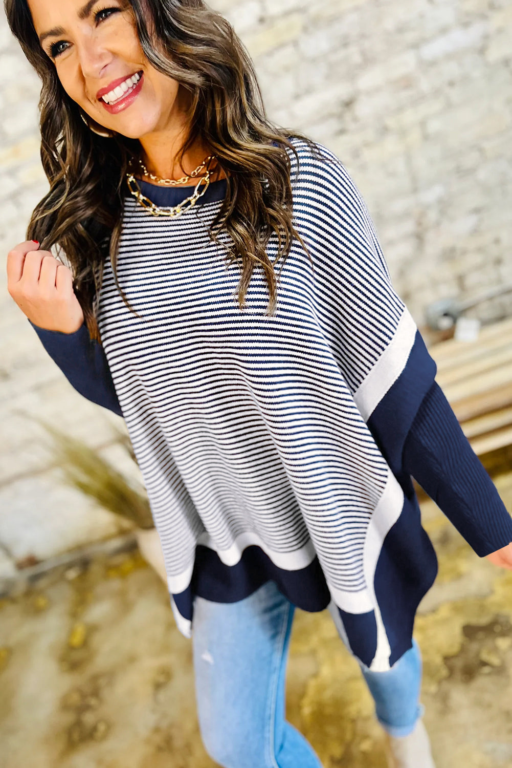 Red Stripe Colorblock Patchwork Dolman Oversize Tunic Sweater