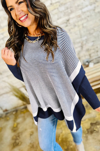 Red Stripe Colorblock Patchwork Dolman Oversize Tunic Sweater