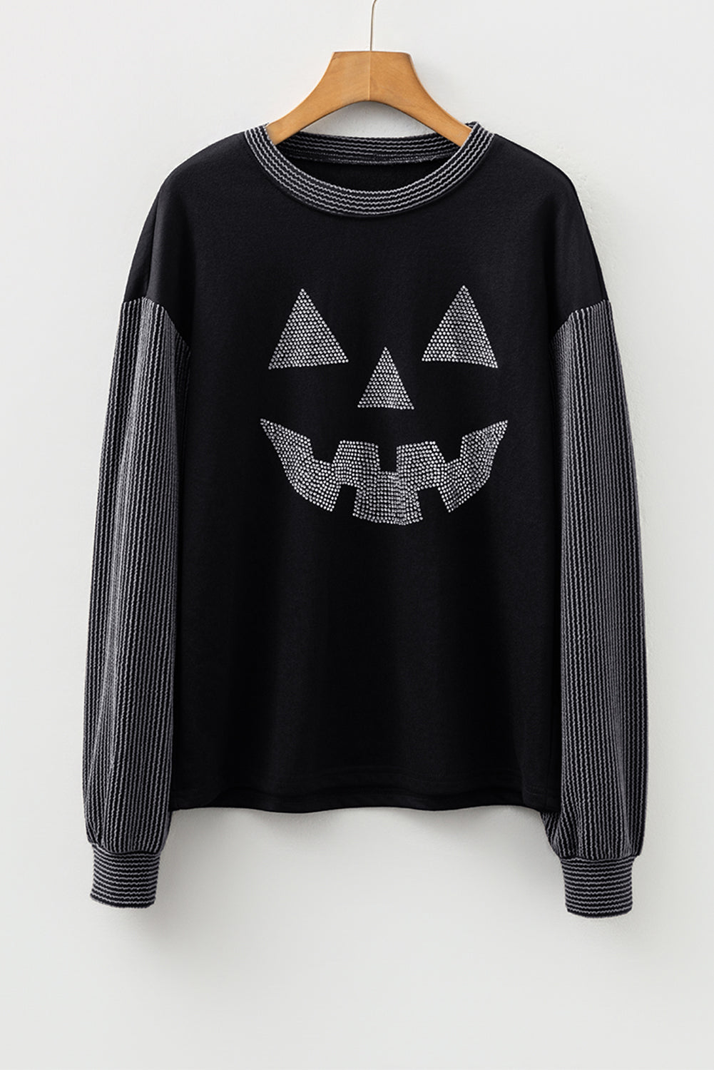 Black Halloween Rhinestone Pumpkin Contrast Ribbed Patchwork Top