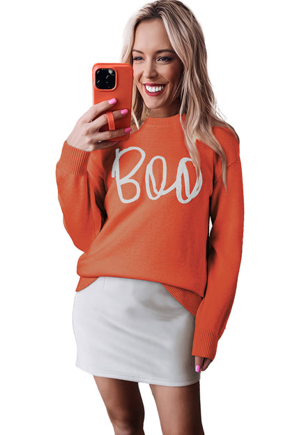 Black Halloween Boo Drop Shoulder Knit Sweater