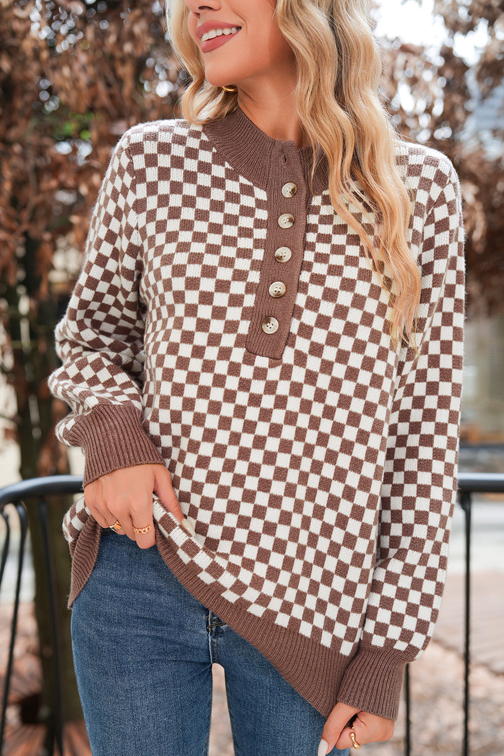 Dark Brown Plaid Contrast Trim Button Neck Sweater