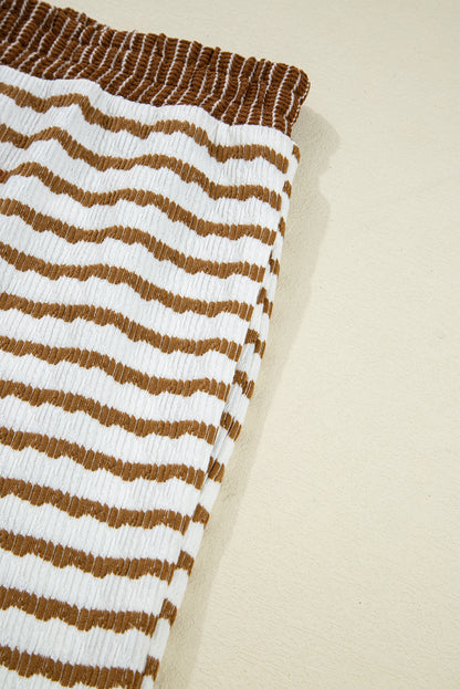 White Stripe Textured Collared Pullover Top and Drawstring Pants Set