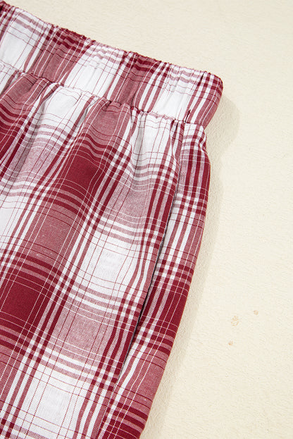 Red Retro Plaid Long Sleeve Shirt Drawstring Shorts 2pcs Lounge Set