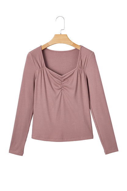 Old Rose Ruched Sweetheart Neck Ribbed Long Sleeve Top