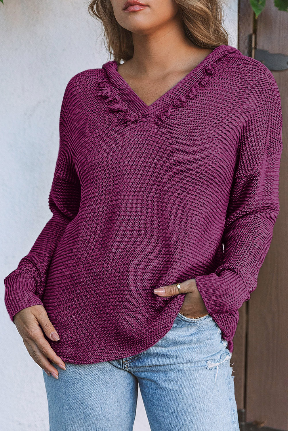 Black Split V Neck Pullover Knit Hooded Sweater