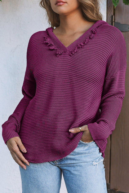 Black Split V Neck Pullover Knit Hooded Sweater