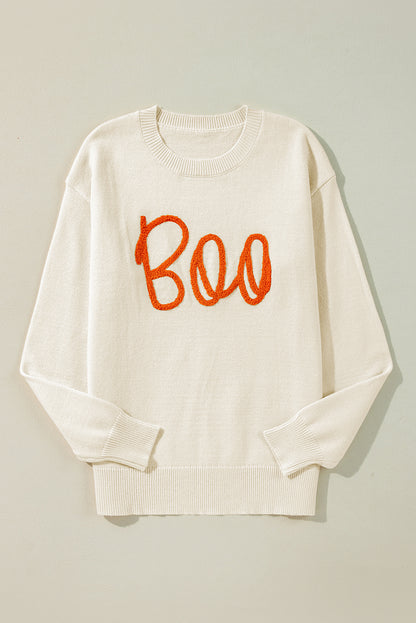 Black Halloween Boo Drop Shoulder Knit Sweater