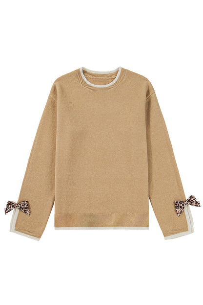 Tan Leopard Bow Decor Split Cuffs Contrast Trim Sweater