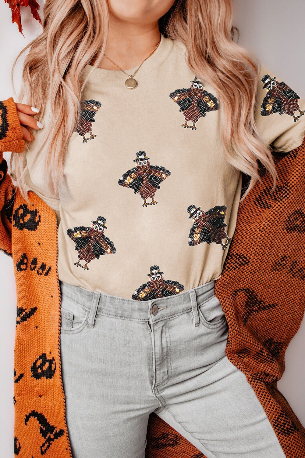 Khaki Turkey Sequin Patch Application Round Neck Graphic Tee