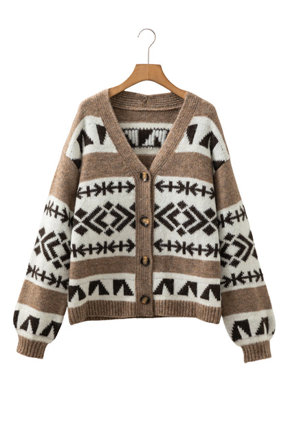 Dark Khaki Ethnic Geometric Pattern Button Front V Neck Cardigan