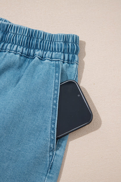Beau Blue Drawstring Elastic Waist Denim Shorts
