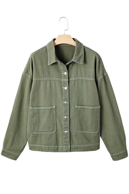 Smoke Green Pocket Collared Button Front Denim Jacket
